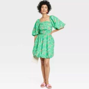 A New Day Green Floral Puff‎ Short Sleeve Cut Out Bubble A-Line Dress Size Large